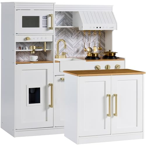 Best Choice Products Pretend Play Kitchen for Kids, Interactive Wooden Toddler Playset with Island, Espresso Machine, 17 Accessories - White