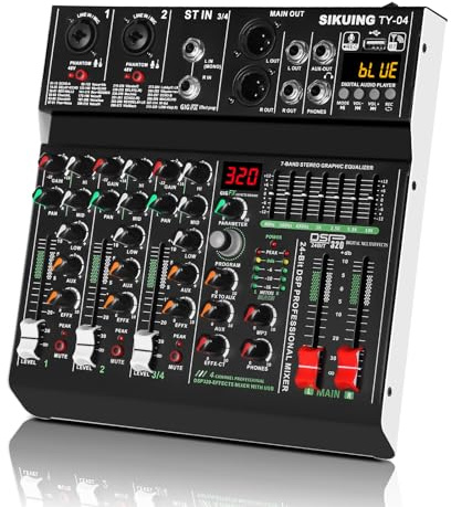 SIKUING 4 Channel Professional Portable Audio Mixer,320 DSP Effects+7-Band Equalizer,Bluetooth Sound Card+48V Phantom Power,USB Interface,for PC Recording,Karaoke Studio Effects,and Streaming Playback
