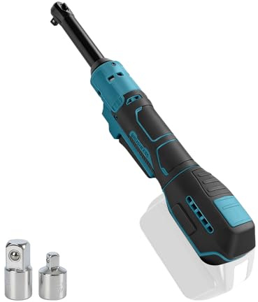 Llave de carraca inalámbrica de 3/8 compatible con batería Makita de 18 V con adaptador de 1/2'' y 1/4'', cabeza extendida de 15 cm, tornillo de carraca eléctrico, 80 Nm, 320 rpm (azul)