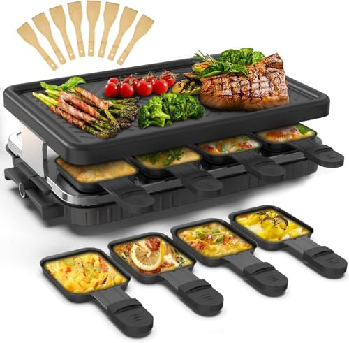 Raclette 8 Personen, Raclette Grill mit 8 Pfännchen, 1300 W | Stufenlos regelbare Temperatur, antihaftbeschichtete Grillplatte und 8 Pfännchen, Kontrollleuchte, für Tischgrillen