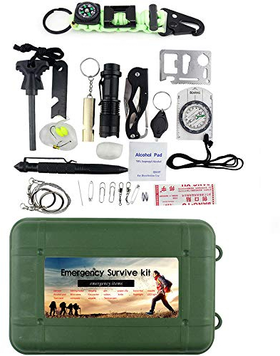 ele ELEOPTION Mehrfunktion Survival Kit Notfallset Outdoor Werkzeug Set Erste Hilfe Kits inkl. Kompass Whistle Messer Feuerstein Angel Set für Feldarbeit Camping Reisen Outdoor Überleben