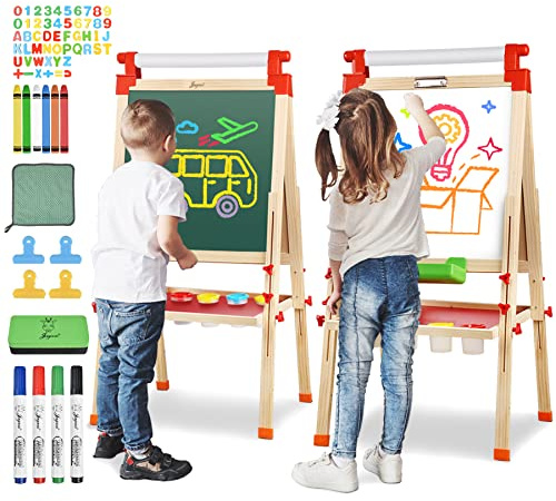 JOYOOSS Kids Wooden Easel with Paper Roll - Adjustable Magnetic Double Sided Drawing Board Whiteboard & Chalkboard Dry Easel Board,Children Art Easel for 3~12 Years Kids Boys Girls Painting Drawing