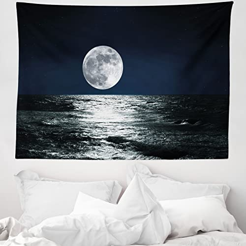 ABAKUHAUS Mond Wandteppich, Ethereal Theme Zeichnung aus Weiches Mikrofaser Stoff Waschbar ohne Verblassen Digitaldruck, 150 x 110 cm, Dunkelblau Weiß Schwarz