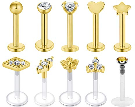 Longita 16G Piercing Oreille Tragus Forward Helix Cartilage Acier Chirurgical et Acrylique Transparent Levre Anneau Goujon Barre Labret Sttud 8mm 10 Pi¨¨Ces