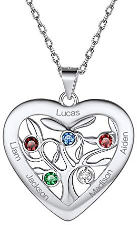 925 Sterling Silver Personalised Heart Family Tree of Life Necklace with Choice of Birthstone Setting Custom Engraving Name 5 Five Birthstone Love Heart Tree Pendant Necklace for Women Teen Girls