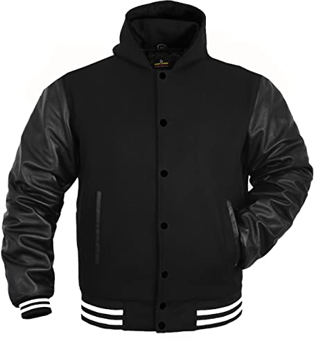 Herren-Varsity-Jacke, Echtlederärmel und Wollmischung, Letterman, Jungen, College-Jacke, Größe XS-5XL, Schwarz + Schwarz (weiße Linie), XL