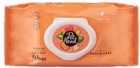 Pet Head Lot de 80 lingettes nettoyantes hygiéniques pour Chien et Chat | Parfum de Pêche avec Aloé Véra | Toilettage Simple et Rapide | Formule Douce pour Chiots et Chatons