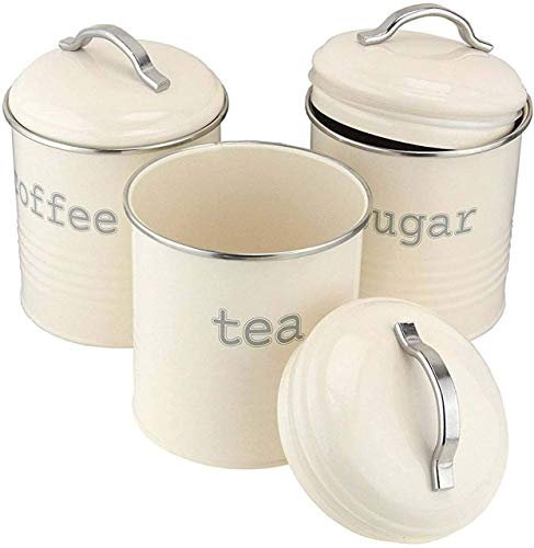 Optimal Products Retro Contemporary Enamel Tea Coffee Sugar Canisters Air Tight Lid Kitchen Storage Jars Pots Round Tin White, Cream, Grey, Copper (Cream)
