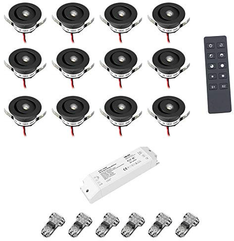 VBLED© 12er-Set 3W LED Mini Einbauspot -OCULOS Minispot 3000K mit 12VDC Funk Netzteil und Fernbedienung - Schwenkbar - Schwarz