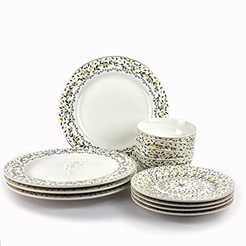 Conjunto vajillas porcelana 12 piezas moderna colores (4 personas) (VERDE FLORES)