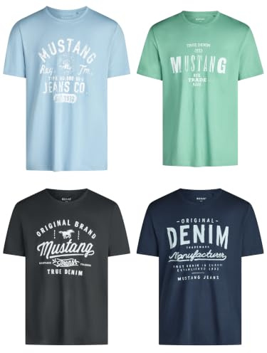 MUSTANG Tshirt Herren Baumwolle Regular Fit 4er Pack Set Rundhals Kurzarm Sommer Tee Shirt Logoprint, Größe:6XL, Farbe:Farbmix (P21)
