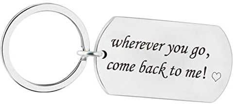 Homxi Porte Clé Argenté Porte Clés Acier Inoxydable Homme Femme,Plaque Militaire Gravure Wherever You go,Come Back to me!