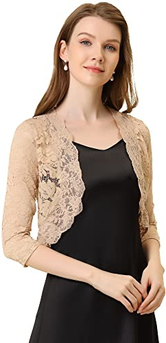 Allegra K Women's Elegant 3/4 Sleeve Sheer Floral Lace Shrug Top | Open Front, Lightweight, Semi Bolero Shrug Cardigan, Cover Up for Dress