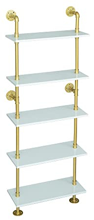 HEONITURE 5 Shelf Modern Gold Bookshelf, Wall Mount White Bookcase, Ladder Shelf with Metal Frame, Display Shelf Shelves for Living Room/Home/Office