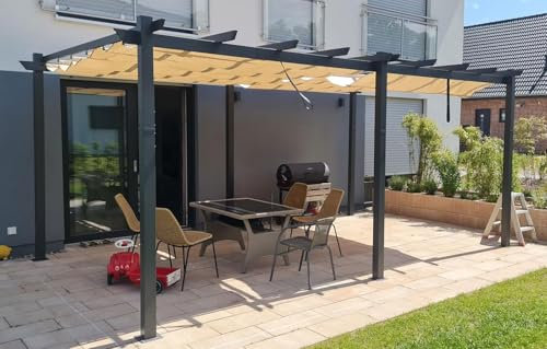 PURPLE LEAF Pergola Aluminium 5,5 x 3,5 m Tissu Teint en Fil, Pergolas pour Terrasse Extérieur, Pergola Jardin Extérieur Toit Coulissante, Pavillon de Jardin, Kaki