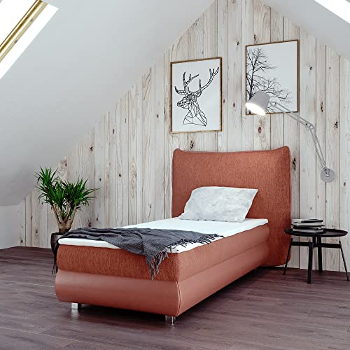 Boxspringbett Doppelbett Togo - Bett mit Bonellmatratze, mit Bettkasten für Bettwäsche und Topper. Gepolstertes Kopfteil mit Einer eleganten weichen Kissendesign (Material 5256, 90x200)