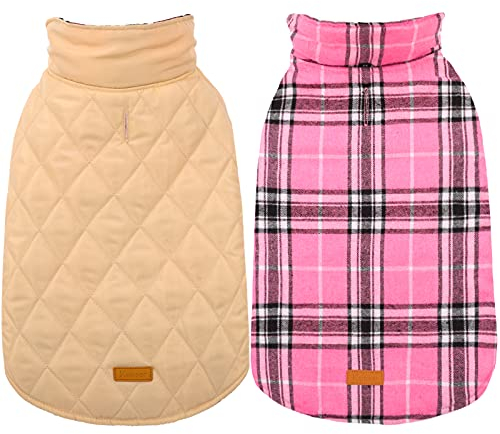 Kuoser Hundemantel Winter, Hundejacke für Mittelgroßer Hunde, Grosse Hundemantel Fleece Wasserdicht und Warm, Outdoor Hundemantel mit Geschirr Loch Karierte Wendejacke, L