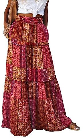 Byoauo Maxi Langer Röcke für Damen Boho Blumen Hohe Taille A-Linie mit Taschen Freizeit Sommer Rock Maxirock