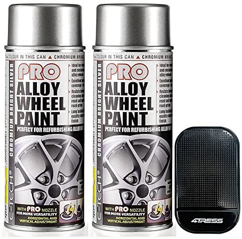 4TRESS E Tech 2 x 400ml PRO Chromium Bright Silver (701) Alloy Wheel Spray Paint Non Slip Car Dash Mat