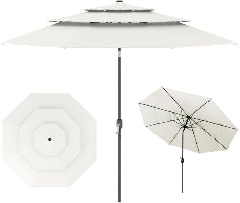 RELAX4LIFE Parasol Droit Inclinable 3M avec Toit Triplé, Parasol de Jardin Extérieur 3M avec Manivelle, 8 Baleines, Protection Solaire, Facile à Monter pour Balcon Teasse Patio (Beige)