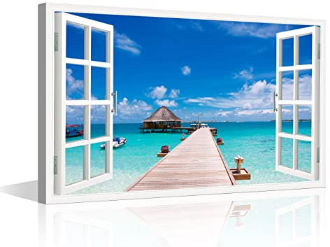 Wanddekoration für Wohnzimmer, Leinwandbild, Wandkunst, Pier zur tropischen Insel, Urlaub, Ausflüge, Outdoor, natürliche Landschaft, Leinwandkunst, moderne Heimdekoration, gerahmt, fertig zum