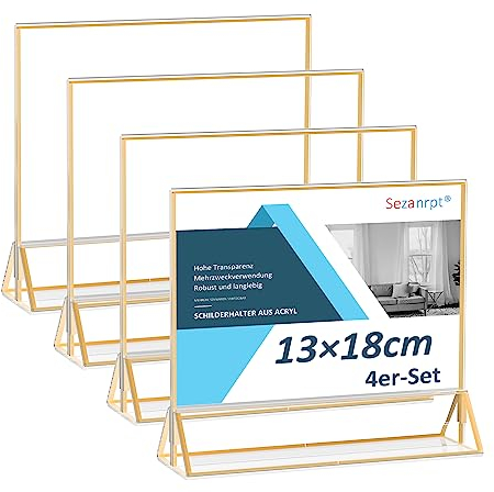 Sezanrpt Acryl Schildhalter Goldrand 13x18 Horizontal 4 Pack, Klare Bilderrahmen Gold, Tischkartenhalter Goldrand für Restaurant-Menü-Anzeige, Hochzeit Tischnummern