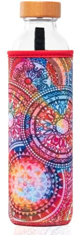FLASKA | Botella de Agua de Vidrio | 750ml | Sin BPA | Tapa a Rosca | Funda de Neopreno | Ideal para Deporte, Oficina, Yoga | Estructura el Agua | Mandalas