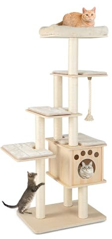 Maxmass 6-Layer Cat Tree, Wooden Kitten Tower with Condo, Perch, Removable Cushions and Sisal Rope Posts, Indoor Kitty Climbing Frame for Bedroom, Living Room, Pet Store(70x50x170cm)
