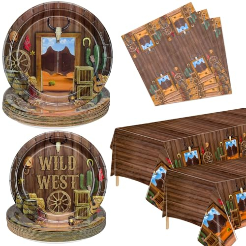 Hegbolke Décorations de fête de cow-boy - 122 assiettes d'anniversaire, serviettes de table, nappe western pour les décorations de fête d'anniversaire de cow-boy, fournitures de fête de cow-boy