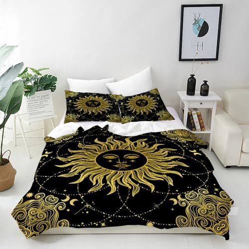 ANHOPE Retro Boho Sonne Mond Sterne Bettwäsche Set Weich Microfaser Bettbezüge mit Reißverschluss 3 Teilig Bettbezug 230x220 cm & 2 Kissenbezug 50x70 cm Ganzjahres Bettdeckenbezug Set