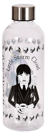Elbenwald Bouteille d'eau Wednesday - 850 ml avec motif We Prefer Spooky, bouteille d'eau avec bouchon à vis, hauteur de 22,5 cm - Transparent/Noir