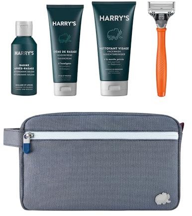 Harry's Geschenk-Set - Nassrasierer für Männer mit orangefarbenem Griff und 5-Klingen Rasierklinge, Rasiercreme 100ml, After-Shave-Balsam 50ml, Gesichtsreiniger 150ml und Kulturtasche