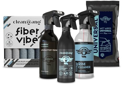Cleangang Auto Reinigungsset Aussen & Innen - Porentiefe Reinheit für Polster, Cockpit & Felgen - 5 Teilig mit Felgenreiniger + Polsterreiniger + Cockpitreiniger + Mikrofasertücher & Feuchttücher
