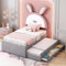 Kehun Kinderbett Polsterbett 90x200 mit LED-Kopfteil, Einzelbett mit Ausziehbarem Bett und 2 Stauraum Schublade für 2 Kinder, Schlafsofa mit Lattenrost, Kaninchen Stil, Samt, Grau, Ohne Matratze