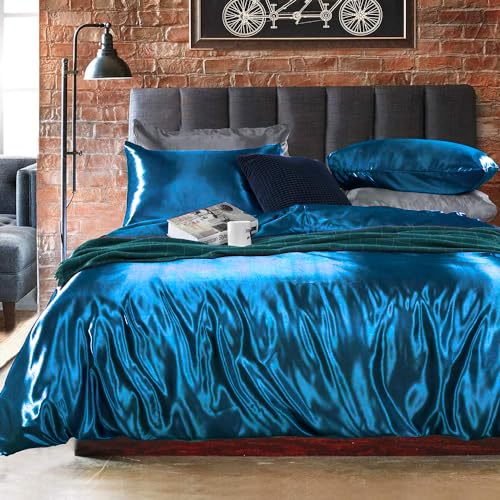 Menkala Satin Bettwäsche 140x200 Blau Dunkelblau Uni Glatt Luxus Seide Aesthetic Seidenbettwäsche Set Einfarbig Glänzend Glanzsatin Sommer Bettbezug und Kissenbezug 70x90 cm mit Reißverschluss