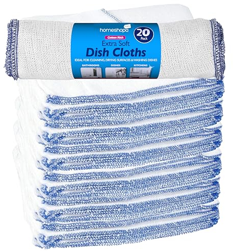 HOMESHOPA Cotton Dish Cloths, 20 Pack White Soft Super Absorbent Home Kitchen Cleaning Scrubbing Washing Up Dishcloths, Washable & Reusable Tea Towels for Cleaning, Drying Surfaces, Washing Dishes