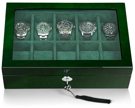 LOEAPEA Watch Box for Men 10 Watches holder display with Removable Pillow for Jewelry Storage Box Wood Organizer, Key locked,Gift for Man and Women