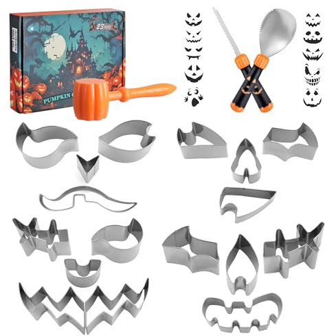 HAUSHOF Halloween Kürbis Schnitzset 23-tlg., Kürbis Schnitzwerkzeuge mit Hammer und 20 Formen, DIY Halloween Kürbis Schnitzmesser aus Edelstahl für Halloween Deko