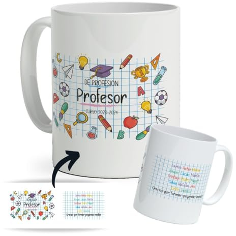 DEREGALOOS Taza Personalizada con nombre para Profesores. Tazas de Desayuno personalizada Profesores. Regalo Original para Profes. Regalos Profes Navidad. Regalo fin de curso.