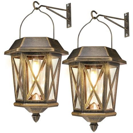 Solar Lantern Outdoor Hanging Lights, 2 Pack Waterproof Metal With Clear Glass, LED Powered for Garden Decoration, Bronze