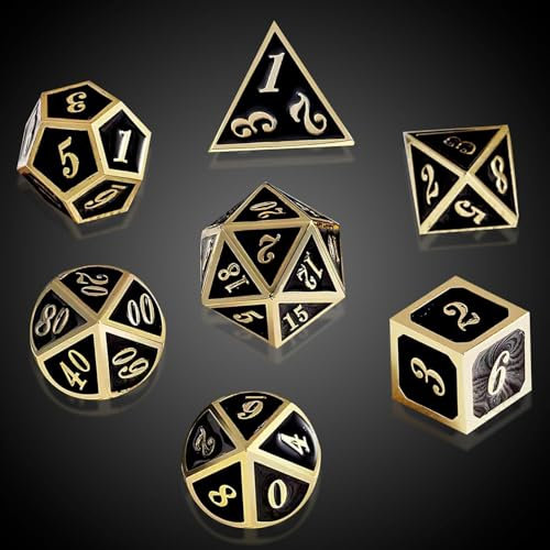 ORUZA 7 Stück DND Metall Würfel Set Schwarz Polyedrische Würfel Set D&D Würfel Set für Dungeons und Dragons RPG MTG TTRPG Pathfinder Rollenspiele Tischspiele Würfel