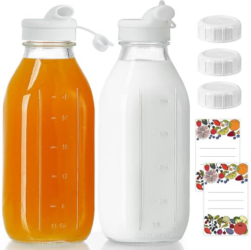 Absovetu Lot de 2 bouteilles en verre réutilisables avec couvercle à visser hermétique, carafe à lait en verre de 1 litre avec bec verseur, bouteilles distributrices de stockage pour boissons, jus,