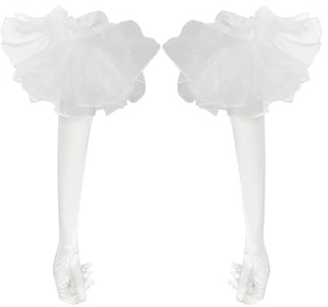 TiaoBug Damen Festlich Velvet Handschuhe Vollfinger Lange Abendhandschuhe mit Mesh Blumen Oberarm Armstulpen Fäustlinge zum Brautkleid Hochzeitskleid Weiß Einheitsgröße