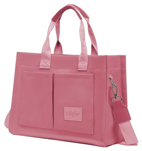 Clufar Umhängetasche Damen Canvas Crossbody Bag Damen Groß Shopper Tasche Handtasche Mittelgroß Rosa Schultertasche Tote Bag Arbeitstasche mit Fächern Damenhandtasche Handbags mit Vielen Fächern Pink