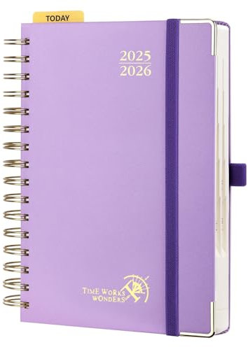 POPRUN Tagesplaner 2025 2026 Ringbuch mit Hardcover 21,5 x 14,5 cm, Tageskalender A5 1 Tag 1 Seite (Montag - Sonntag), Terminplaner (Aug.2025-Jul.2026) mit Plastiklineal - Violett