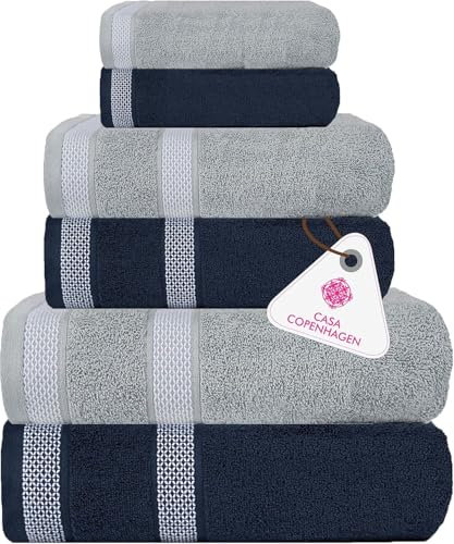 CASA COPENHAGEN Solitaire Mix 6 Piece Towel Set - Grey Violet + Navy,600gsm, 2 Bath Towels, 2 Hand Towels, 2 Washcloths in Soft Egyptian Cotton for Bathroom, Kitchen and Shower