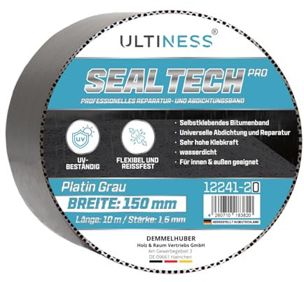 Ultiness® Aluminium Klebeband SealTechPRO 10m Rolle Reparaturset für Dachrinne abdichten wasserdicht & UV-resistent Bitumenband selbstklebend Dachrinnen Reparaturband MADE IN GERMANY (150 mm breit)