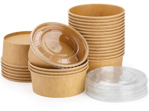 Prgery Lot de 25 bols jetables en papier de 1 050 ml avec couvercles, bols à salade en papier pour aliments chauds/froids, soupe, crème glacée ou plats à emporter