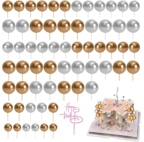 109 Stück Tortendeko Kugeln Cake Topper – Mini Schaum Ballons DIY Torten Deko für Hochzeit Birthday, Festliche Torte Dekoration (Silber/Gold)