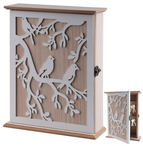 duisoad Schlüsselkasten Holz, Schlüsselkasten Vintage Schlüsselablage Wandorganizer L 6 Schlüsselhaken Mit Weiß Muster für Eingang, Flur, Büro Schlüsselhalter, 27,5 x 22 cm